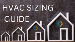 HVAC sizing guide featuring four house silhouettes with colorful HVAC graphics, emphasizing the importance of proper HVAC unit selection for DIYers.