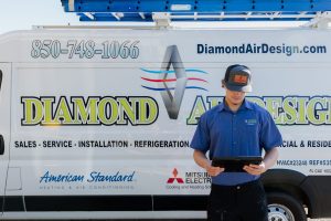 Technician using tablet in front of Diamond Air Design service van, featuring company logo and contact information, emphasizing HVAC sales, service, and installation.