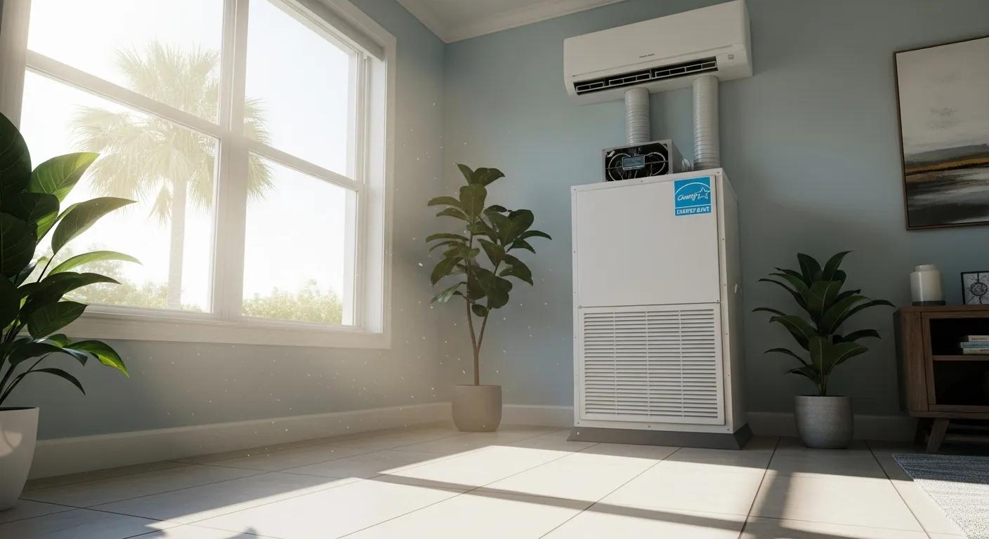 High-efficiency air conditioning unit with Energy Star label in a sunny Florida home