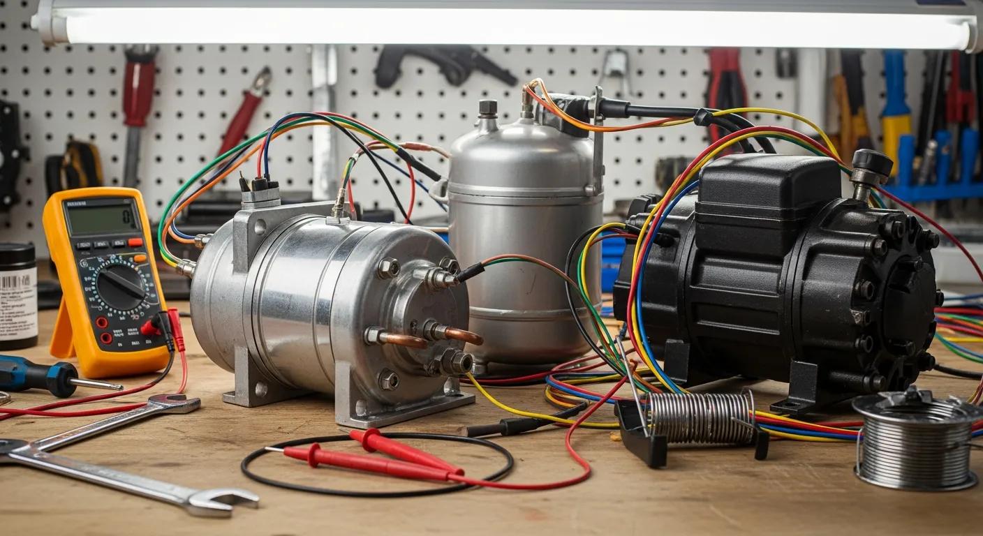 Various HVAC components including compressors and wiring on a workbench