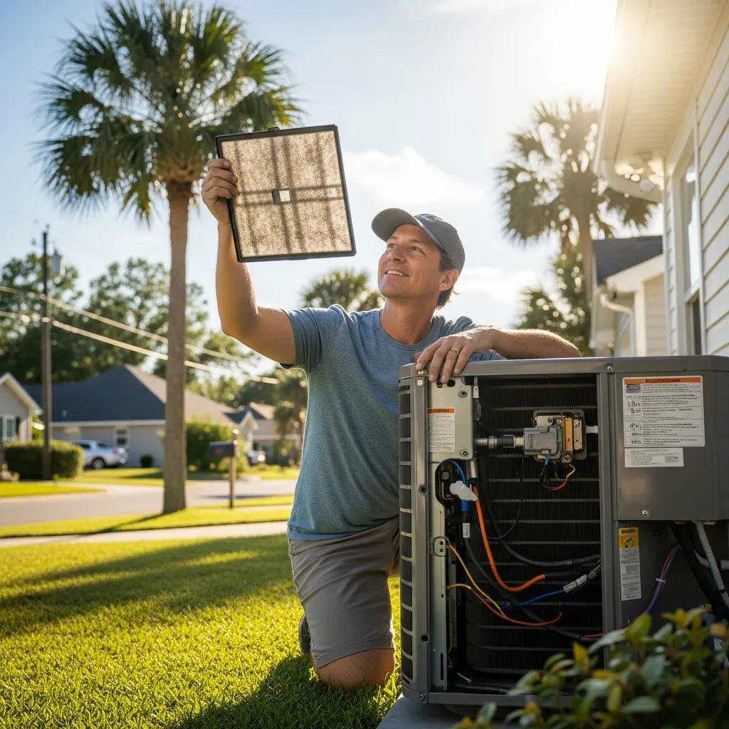 Homeowner performing preventative maintenance on an air conditioning unit