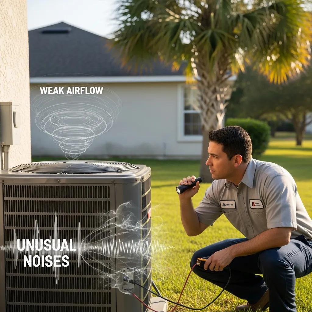 Technician inspecting air conditioning unit, highlighting signs of AC failure